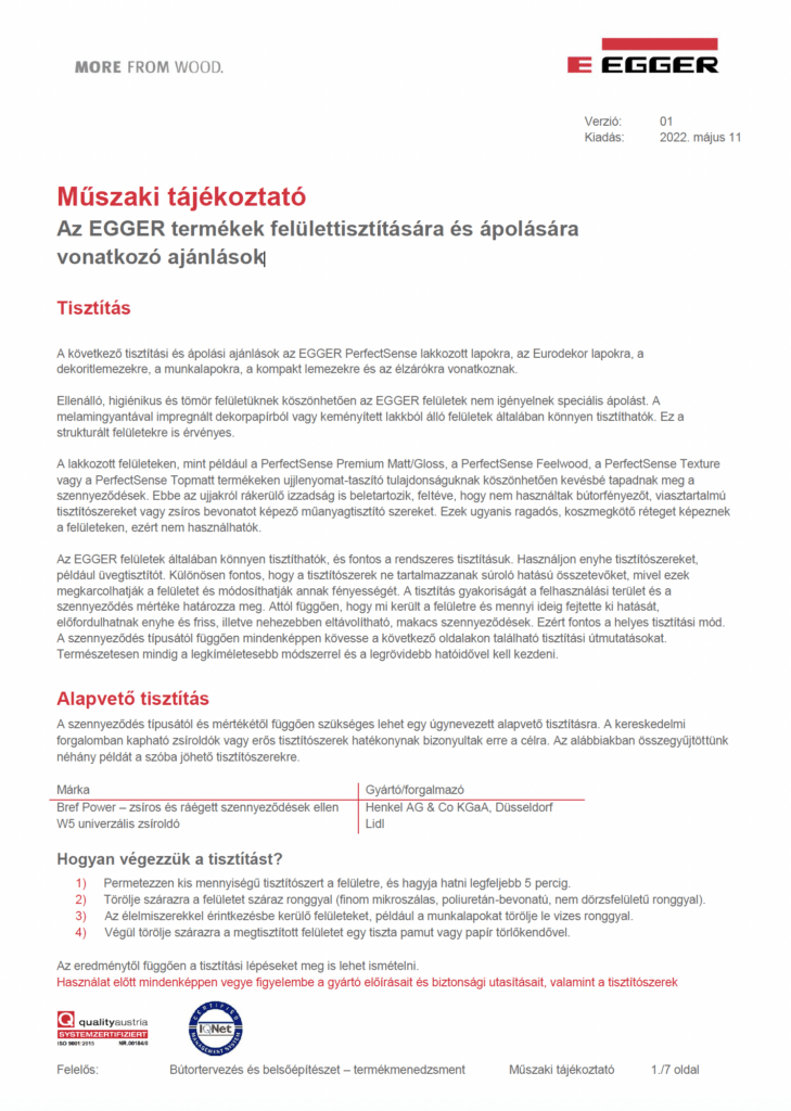 EGGER termékek felülettisztítására és ápolására vonatkozó ajánlások